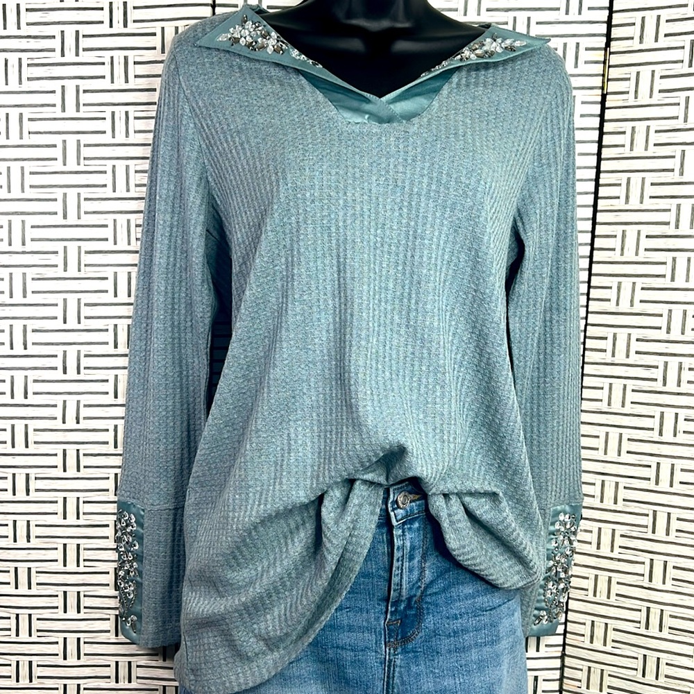 Soft Surroundings aqua rhinestone, embellished, long sleeve top